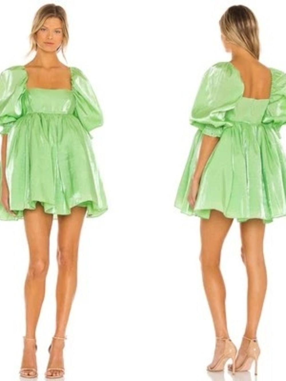 Selkie Shimmering Lime Green Puff Sleeve Mini Dress Extra Small
